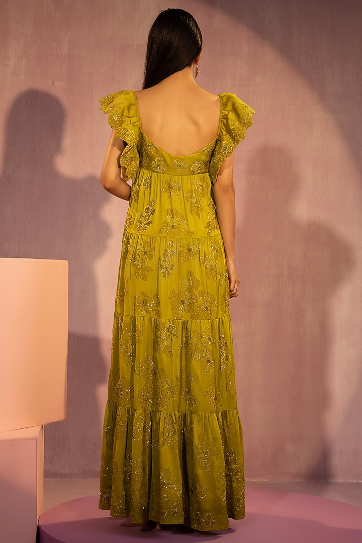 Green Satin Chiffon Hand Embroidered Tiered Wedding Gown by TYOHAR at Pernia's Pop Up Shop