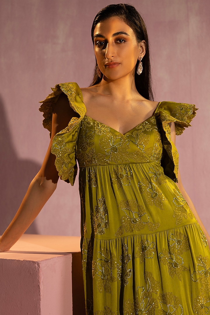 Green Satin Chiffon Hand Embroidered Tiered Wedding Gown by TYOHAR at Pernia's Pop Up Shop
