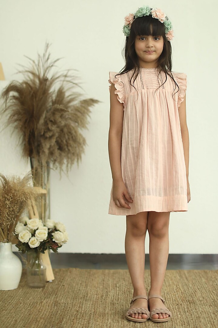 Blush Pink Cotton Knee-Length Dress For Girls by Thank You Mom Studio at Pernia's Pop Up Shop