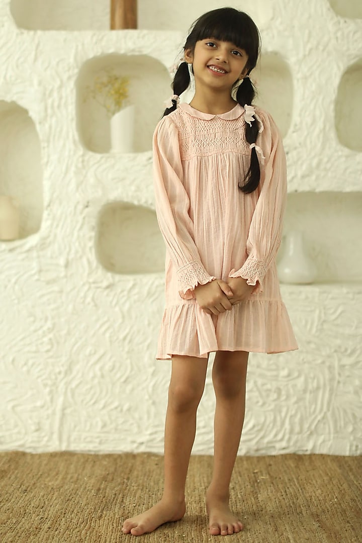 Blush Pink Cotton Embroidered Dress For Girls by Thank You Mom Studio