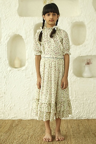 White Cotton Printed Top For Girls by Thank You Mom Studio