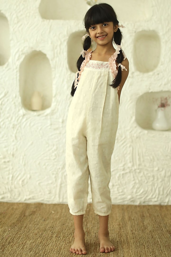 Off White Cotton Jumpsuit For Girls by Thank You Mom Studio