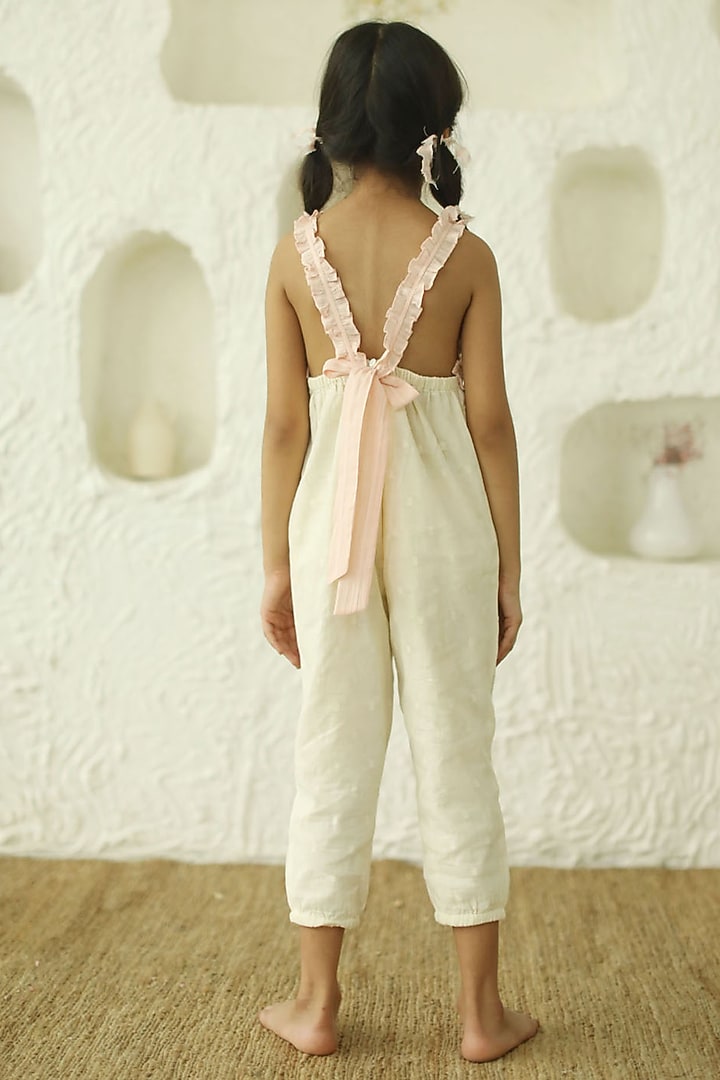 Off White Cotton Jumpsuit For Girls by Thank You Mom Studio at Pernia's Pop Up Shop