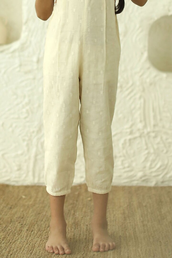 Off White Cotton Jumpsuit For Girls by Thank You Mom Studio at Pernia's Pop Up Shop