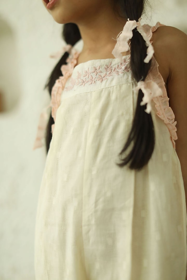 Off White Cotton Jumpsuit For Girls by Thank You Mom Studio at Pernia's Pop Up Shop