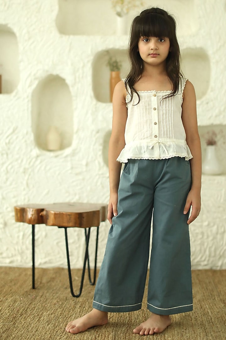 Blue Cotton Culotte Pants For Girls by Thank You Mom Studio