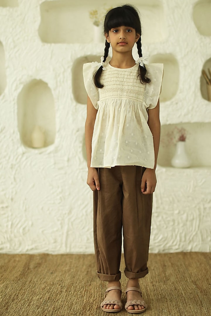 Brown Cotton Ankle-Length Pants For Girls by Thank You Mom Studio