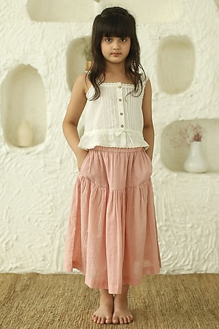Off-White Cotton Pleated Top For Girls by Thank You Mom Studio
