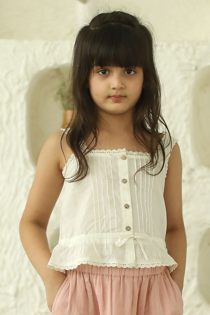 Off-White Cotton Pleated Top For Girls by Thank You Mom Studio at Pernia's Pop Up Shop