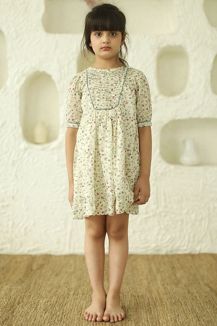 White Printed Mini Dress For Girls by Thank You Mom Studio