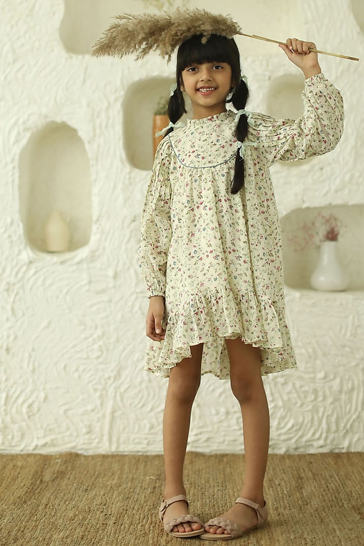 White Printed Peasant Dress For Girls by Thank You Mom Studio