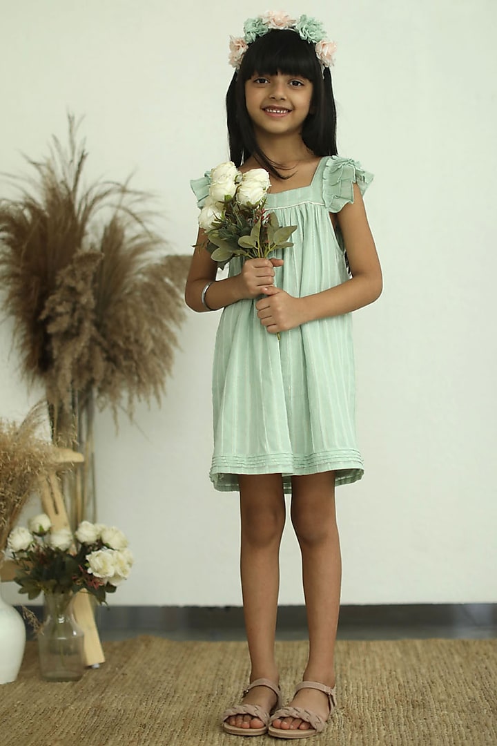 Green Cotton Ruffled Dress For Girls by Thank You Mom Studio
