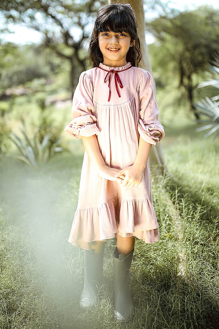Mauve Cotton Peasant Dress For Girls by Thank You Mom Studio