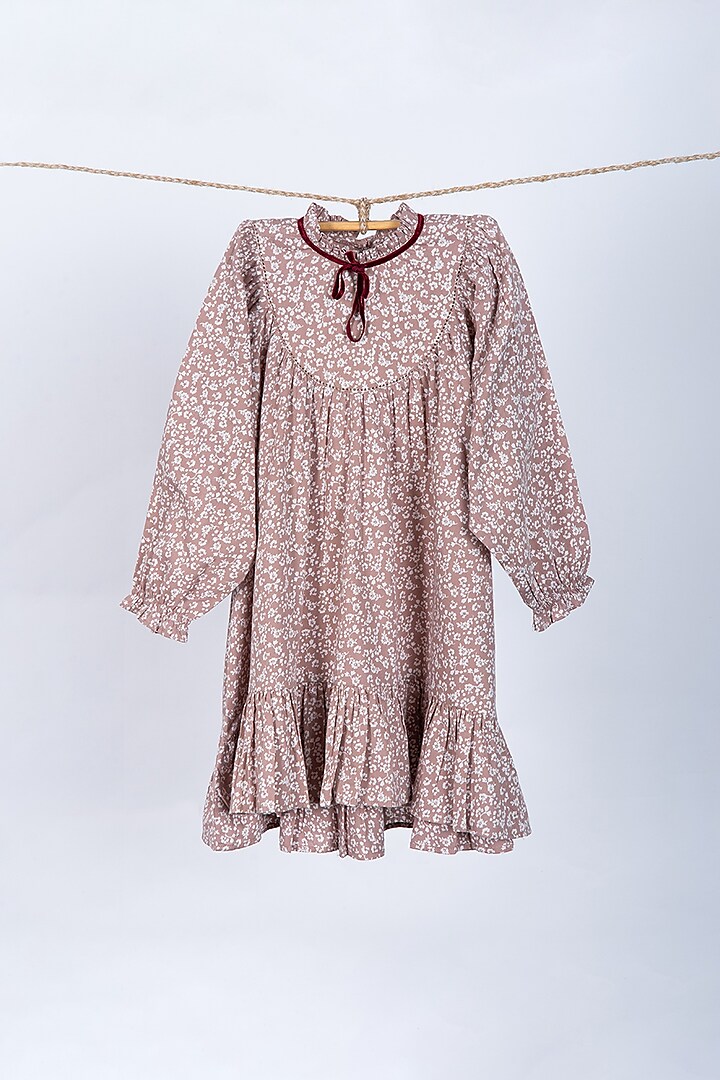 Mauve Cotton Printed Peasant Dress For Girls by Thank You Mom Studio