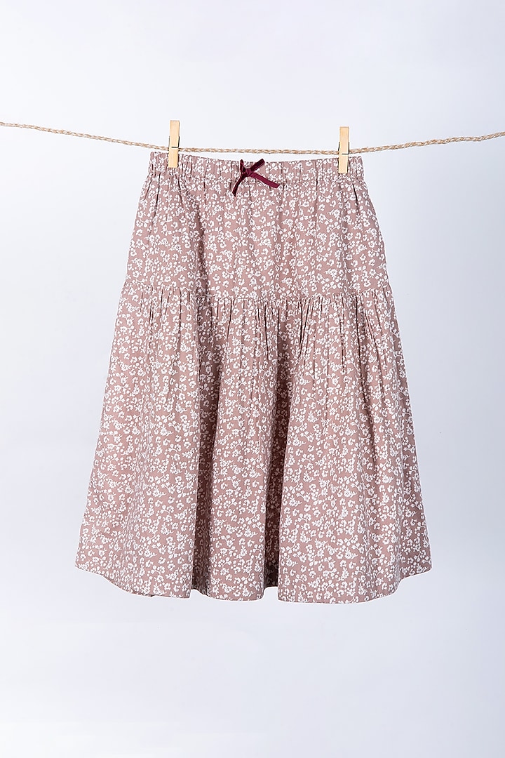Mauve Cotton Printed Midi Skirt For Girls by Thank You Mom Studio