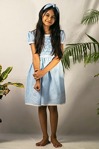 Blue Cotton Embroidered Frock For Girls by Tiny troop