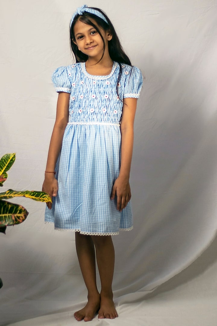 Blue Cotton Embroidered Frock For Girls by Tiny troop at Pernia's Pop Up Shop