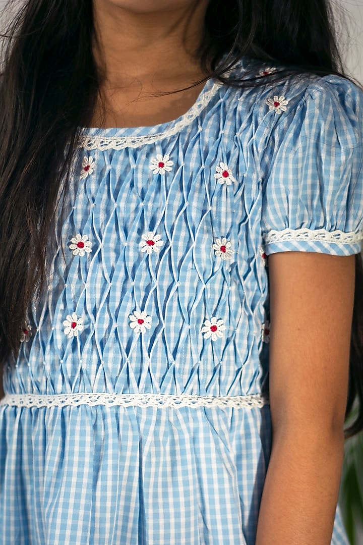 Blue Cotton Embroidered Frock For Girls by Tiny troop at Pernia's Pop Up Shop