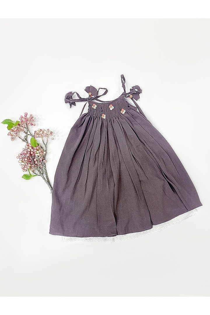 Grey Cotton Rayon Hand-Pleated Frock For Girls by Tiny troop at Pernia's Pop Up Shop