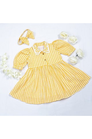 Yellow & White Checks Cotton Dress For Girls by Tiny troop