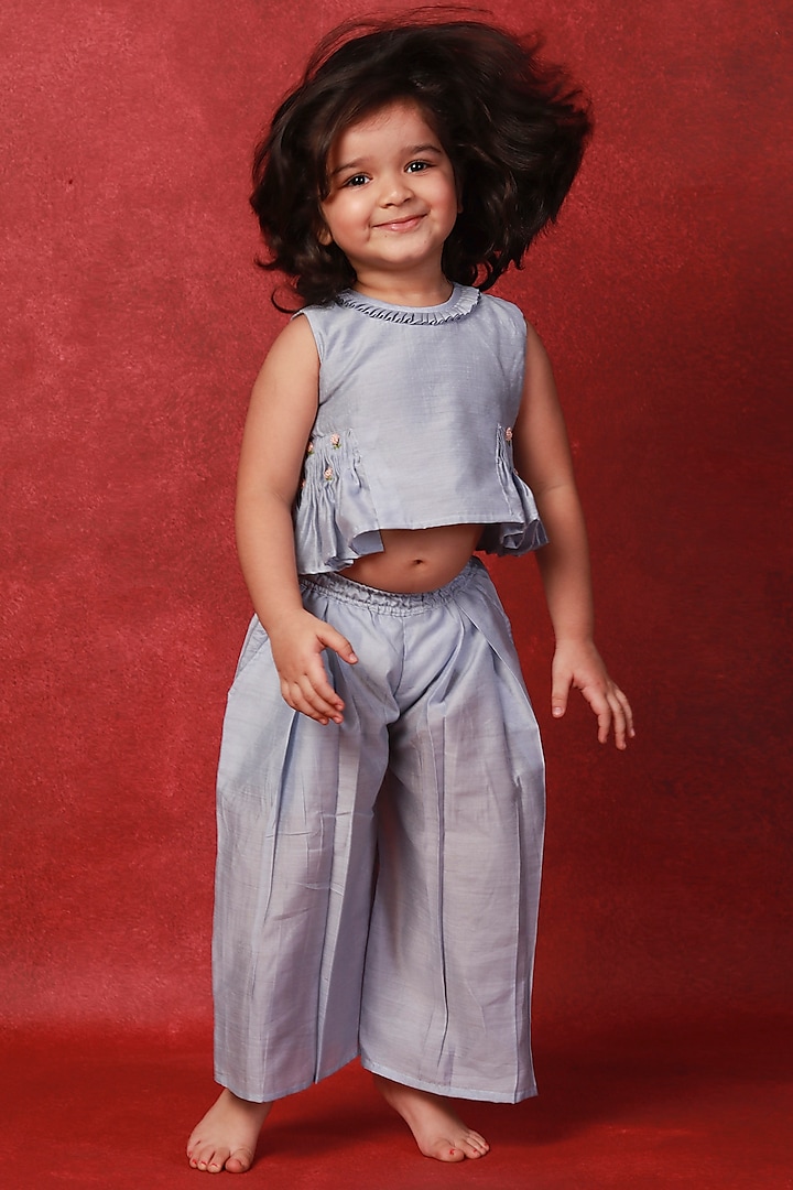 Blue Chanderi Cotton Co-Ord Set For Girls by Tiny troop at Pernia's Pop Up Shop