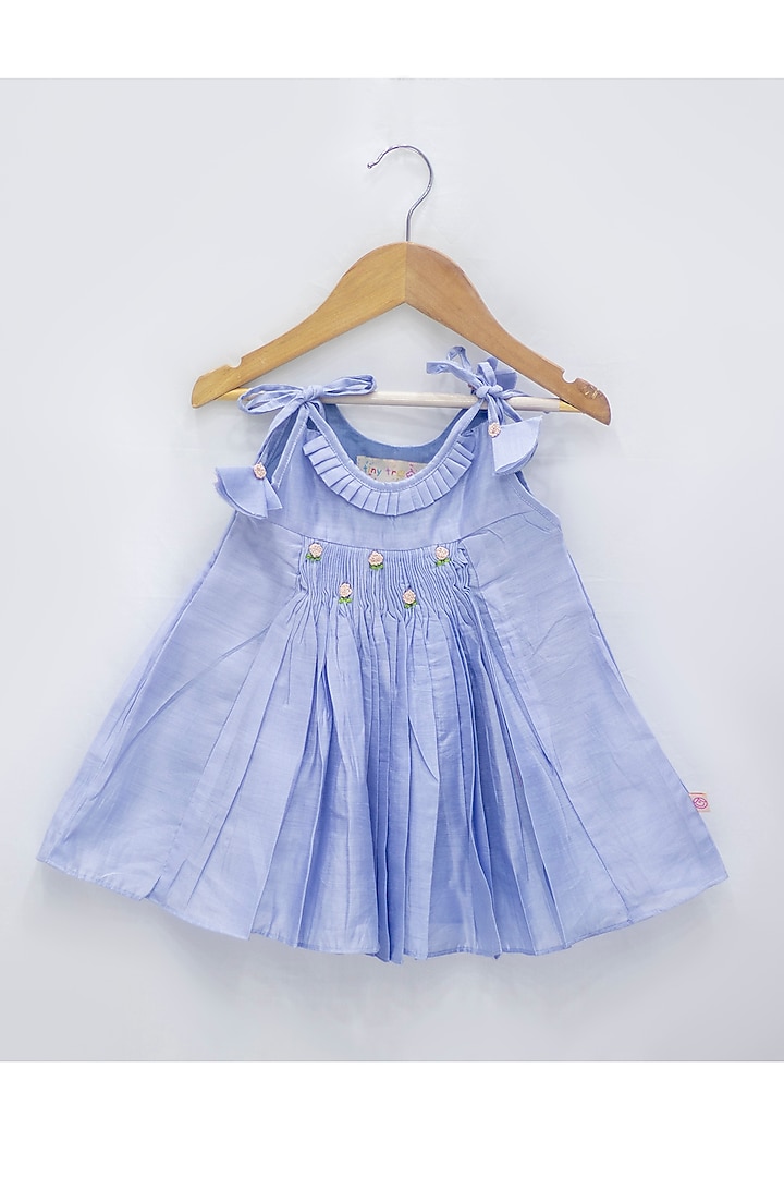 Blue Chanderi Cotton Hand-Pleated Frock For Girls by Tiny troop