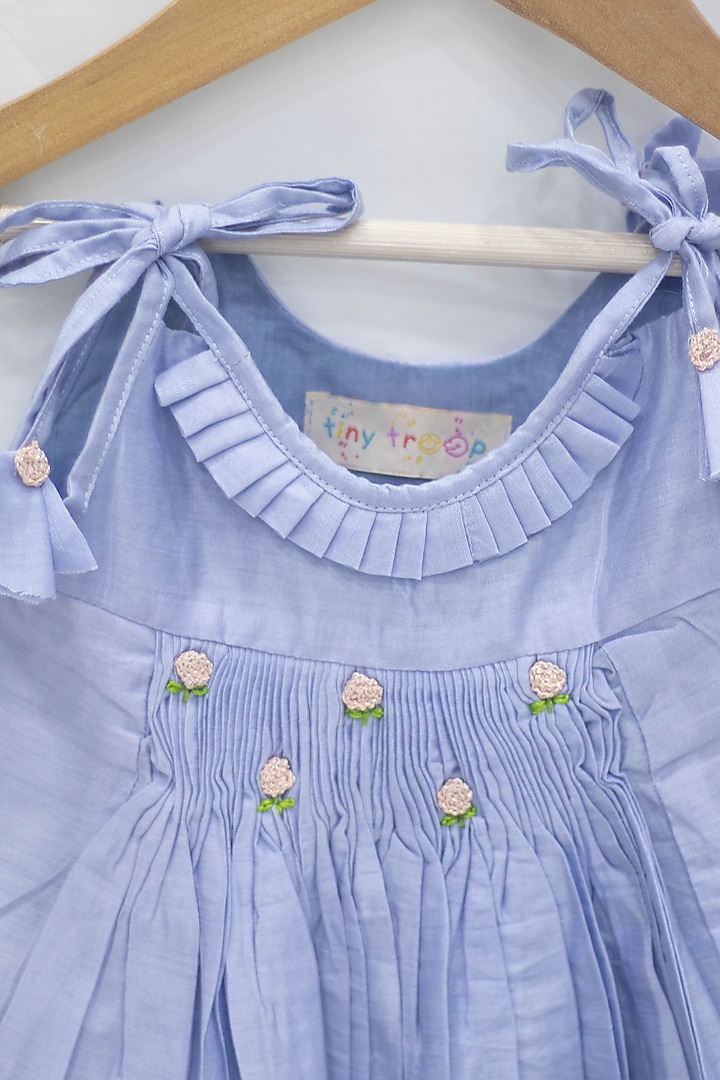 Blue Chanderi Cotton Hand-Pleated Frock For Girls by Tiny troop at Pernia's Pop Up Shop