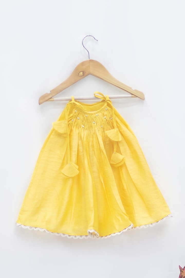 Yellow Chanderi Cotton Hand-Pleated Frock For Girls by Tiny troop