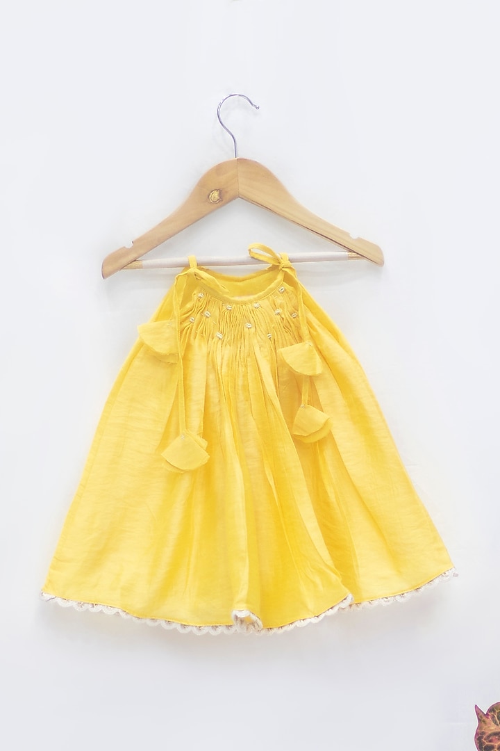 Yellow Chanderi Cotton Hand-Pleated Frock For Girls by Tiny troop at Pernia's Pop Up Shop