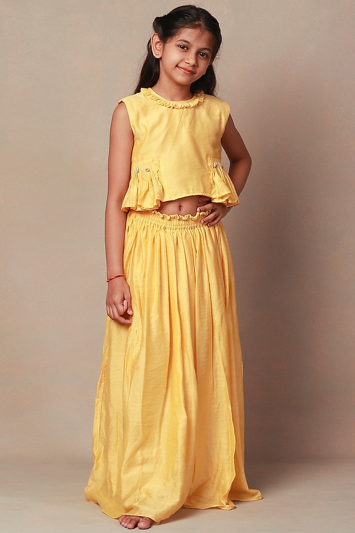 Yellow Chanderi Cotton Skirt Set For Girls by Tiny troop