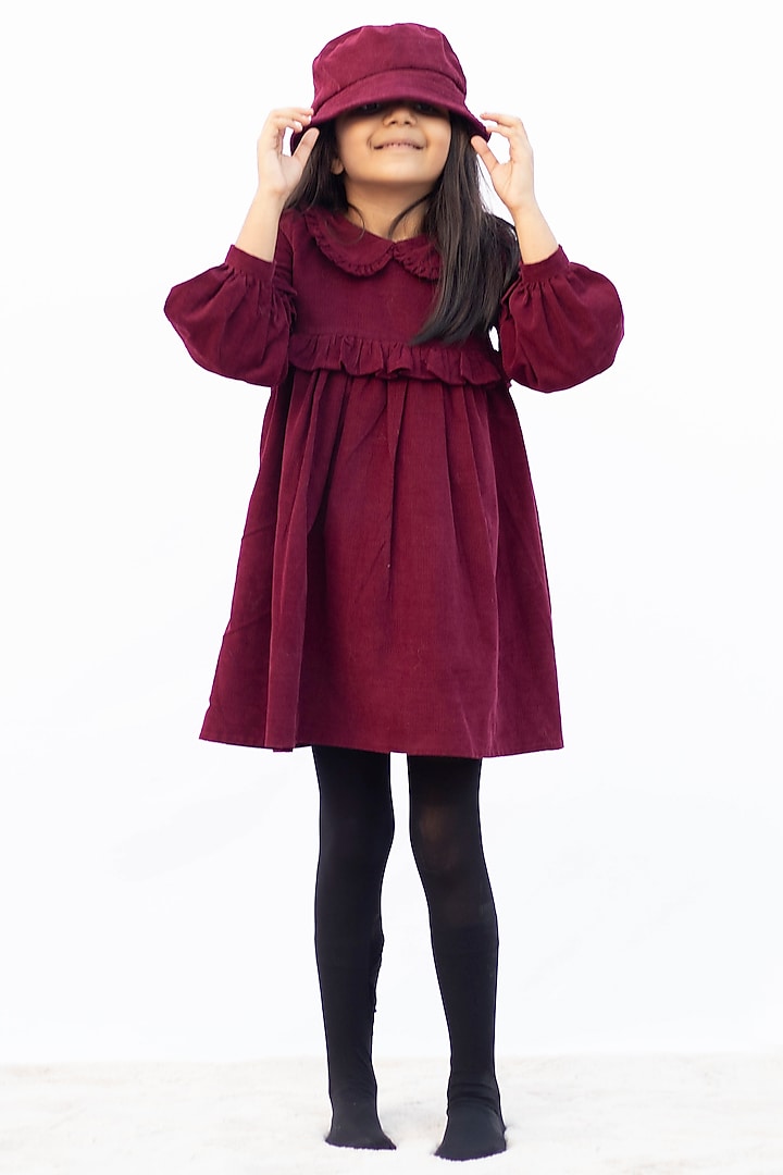 Burgundy Cotton Corduroy Dress For Girls by Tiny troop