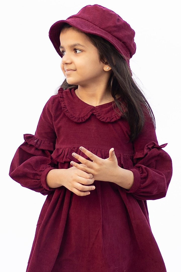 Burgundy Cotton Corduroy Dress For Girls by Tiny troop at Pernia's Pop Up Shop