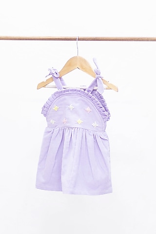Purple Cotton Corduroy Embroidered Frock For Girls by Tiny troop
