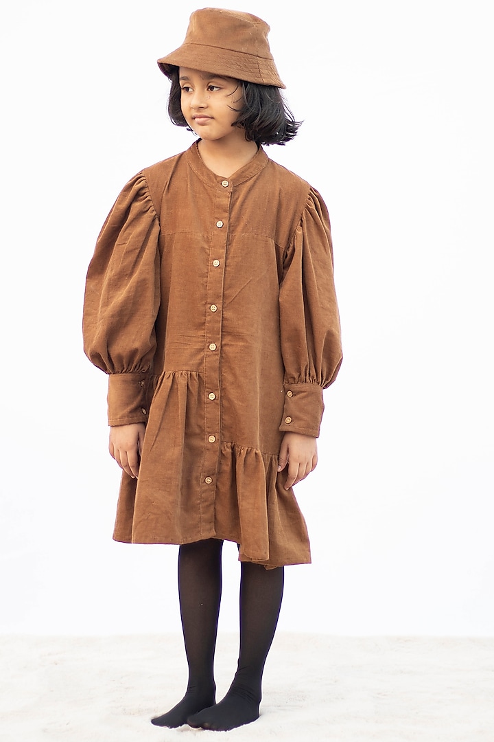 Camel Brown Cotton Corduroy Dress For Girls by Tiny troop