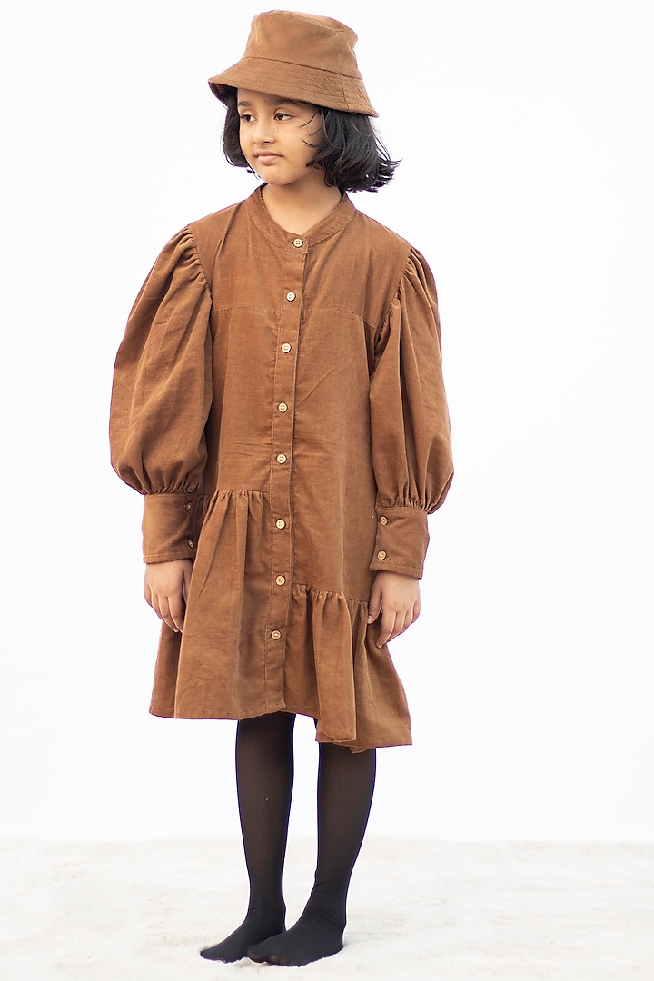 Camel Brown Cotton Corduroy Dress For Girls by Tiny troop at Pernia's Pop Up Shop