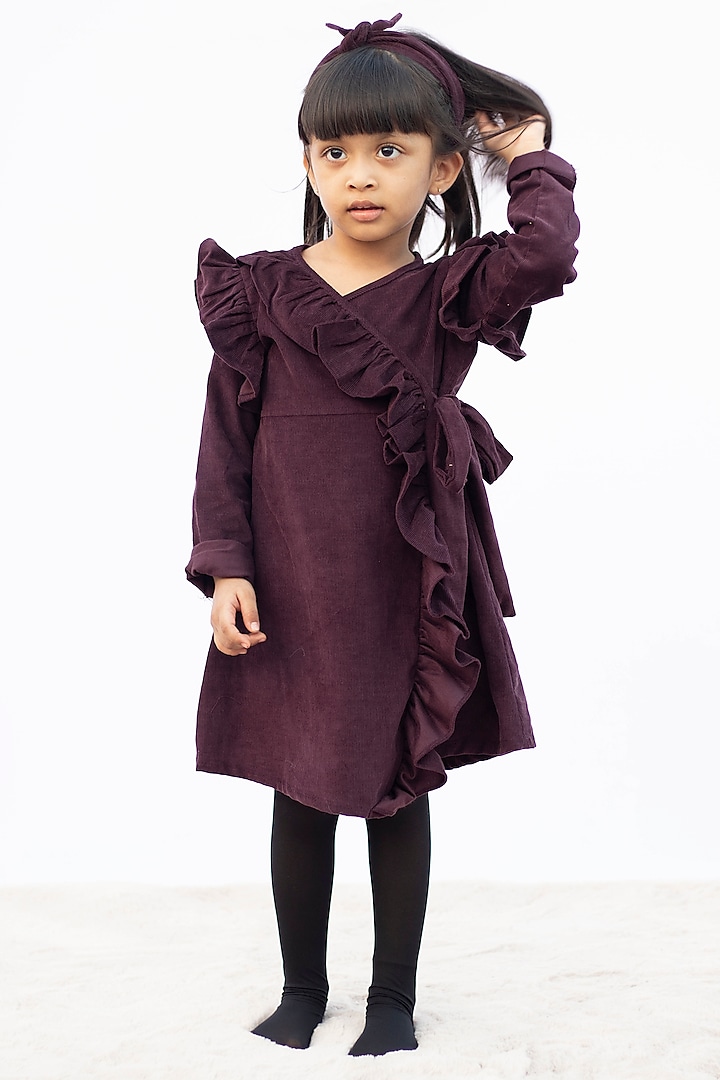 Prune Ruffled Wrap Dress For Girls by Tiny troop