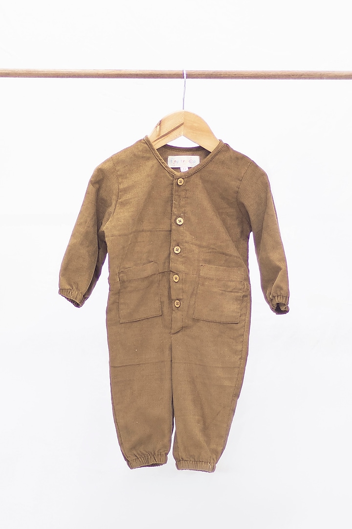 Brown Cotton Corduroy Romper For Boys by Tiny troop