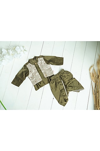 Olive Green Zari Tissue Kurta Set For Boys by Tiny troop