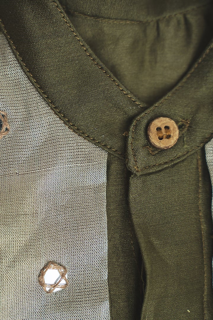 Olive Green Zari Tissue Kurta Set For Boys by Tiny troop at Pernia's Pop Up Shop