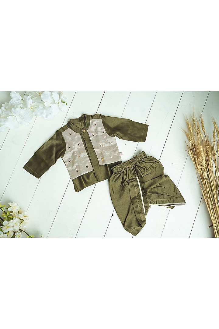 Olive Green Zari Tissue Kurta Set For Boys by Tiny troop at Pernia's Pop Up Shop