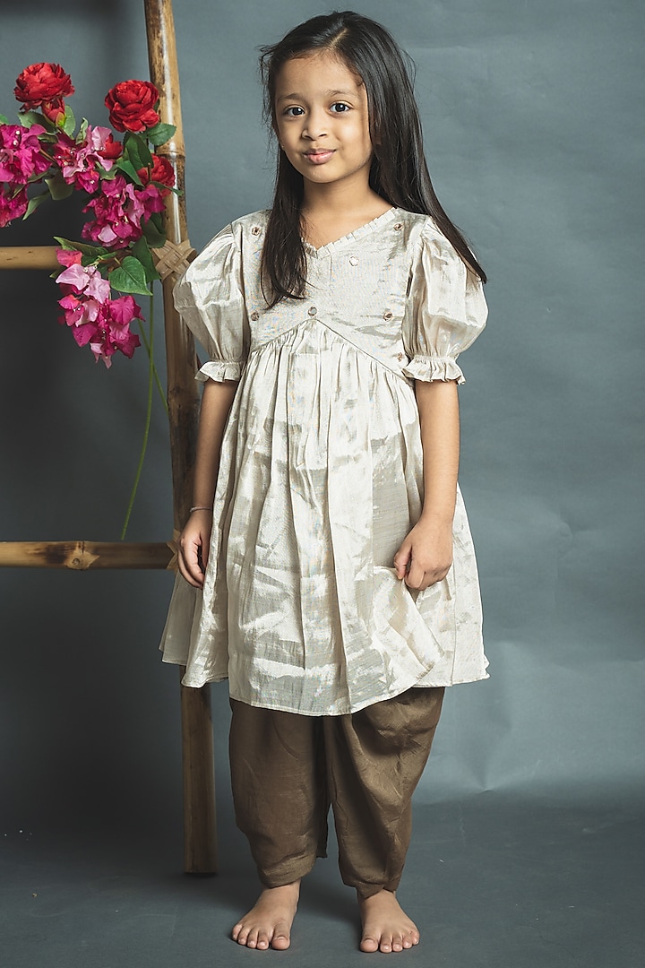Ivory Mirror Embroidered Kurta Set For Girls by Tiny troop