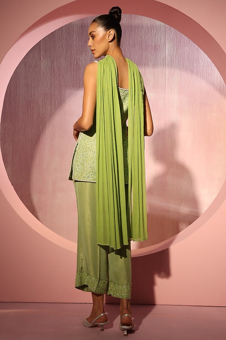 Green Tissue Hand Embroidered Kurta Set by TYOHAR at Pernia's Pop Up Shop