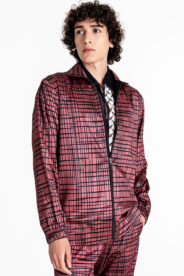 Carmine Red Polyester Printed Jacket by Tezhomaya by Kavit Mehta at Pernia's Pop Up Shop