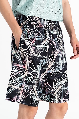 Black Polyester Printed Shorts by Tezhomaya by Kavit Mehta
