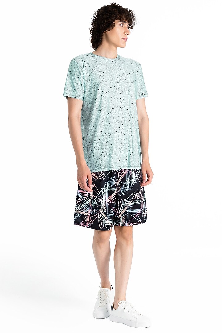 Black Polyester Printed Shorts by Tezhomaya by Kavit Mehta at Pernia's Pop Up Shop