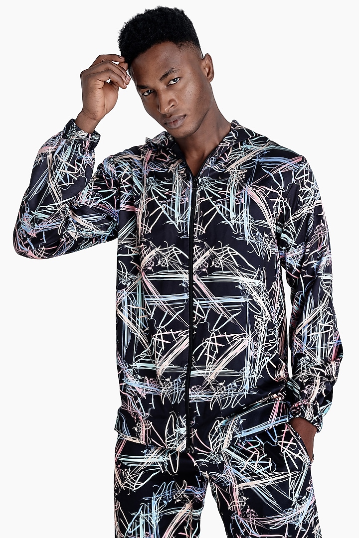 Black Polyester Printed Hooded Jacket by Tezhomaya by Kavit Mehta