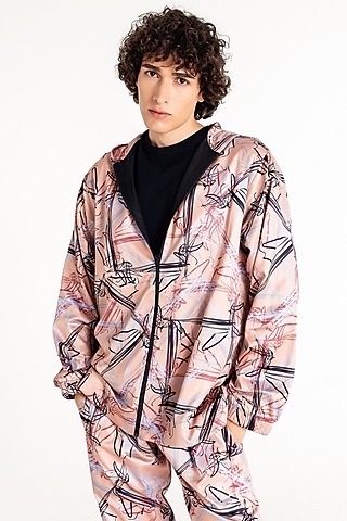 Peach Polyester Printed Hooded Jacket by Tezhomaya by Kavit Mehta