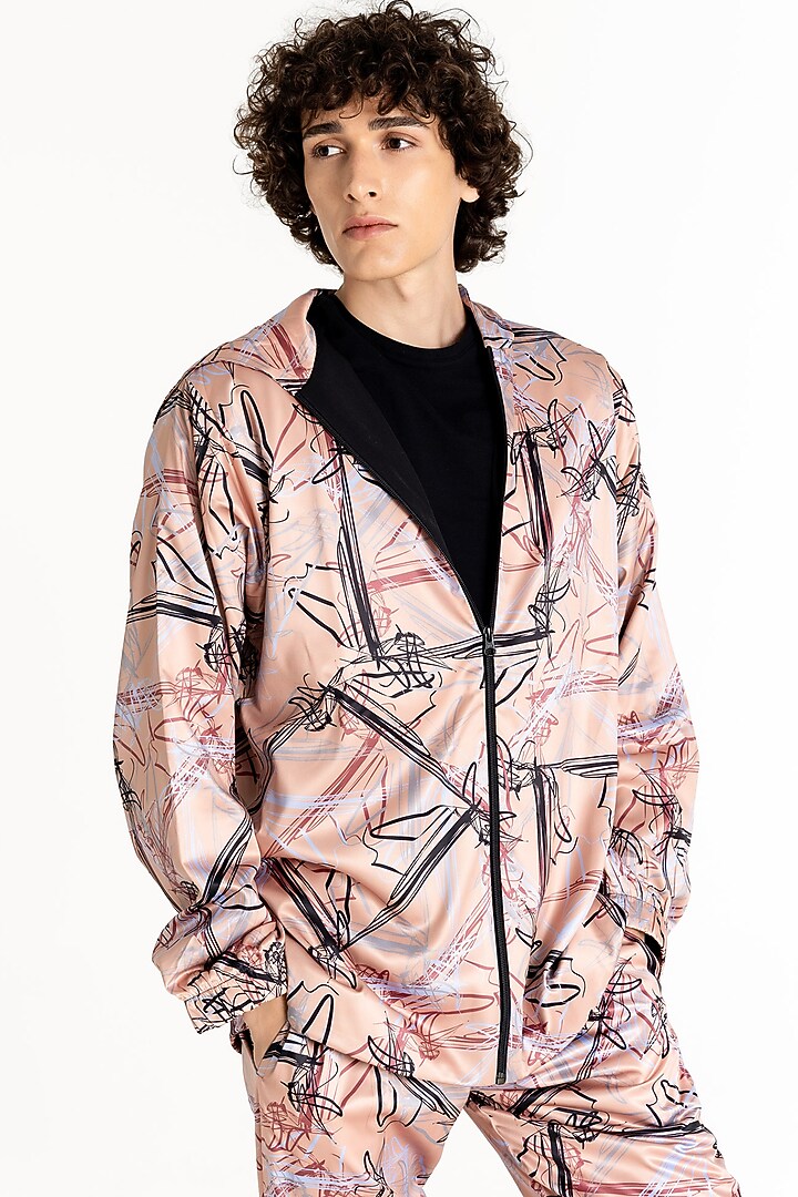 Peach Polyester Printed Hooded Jacket by Tezhomaya by Kavit Mehta at Pernia's Pop Up Shop