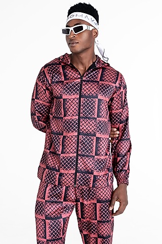 Ruby Red Polyester Printed Hooded Jacket by Tezhomaya by Kavit Mehta