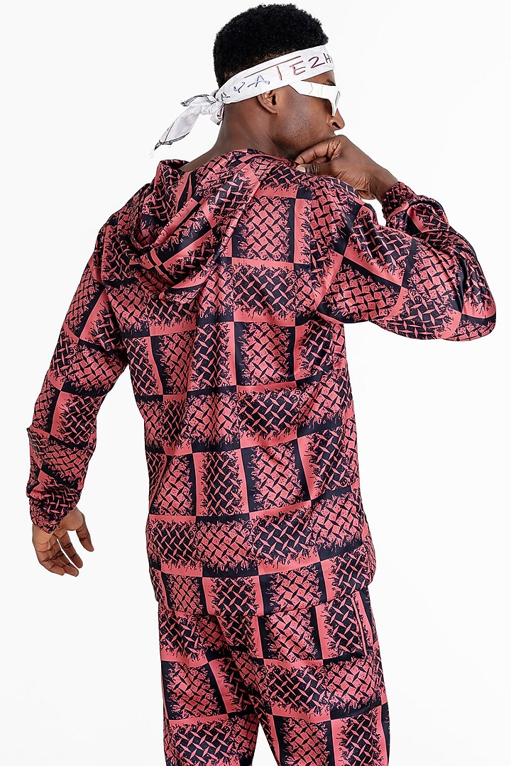 Ruby Red Polyester Printed Hooded Jacket by Tezhomaya by Kavit Mehta at Pernia's Pop Up Shop